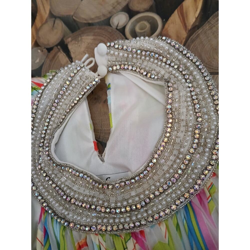 La Femme Paris Silk Rhinestone Faux Pearl Retro tent Dress Colorful Swirls 10 - Picture 10 of 12